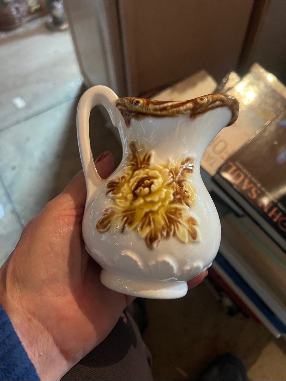 Source Unknown White Ceramic Pitcher with Yellow-Brown Floral Accent